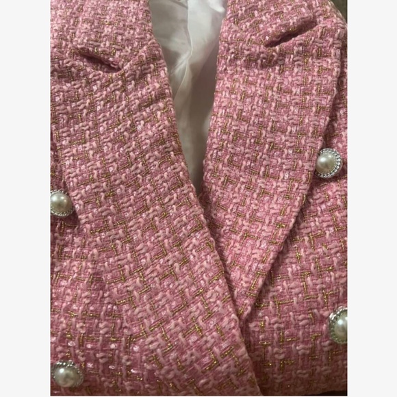 Classic Plaid Tweed Double Breasted Pink Blazer Jacket Long Sleeve - Picture 10 of 11